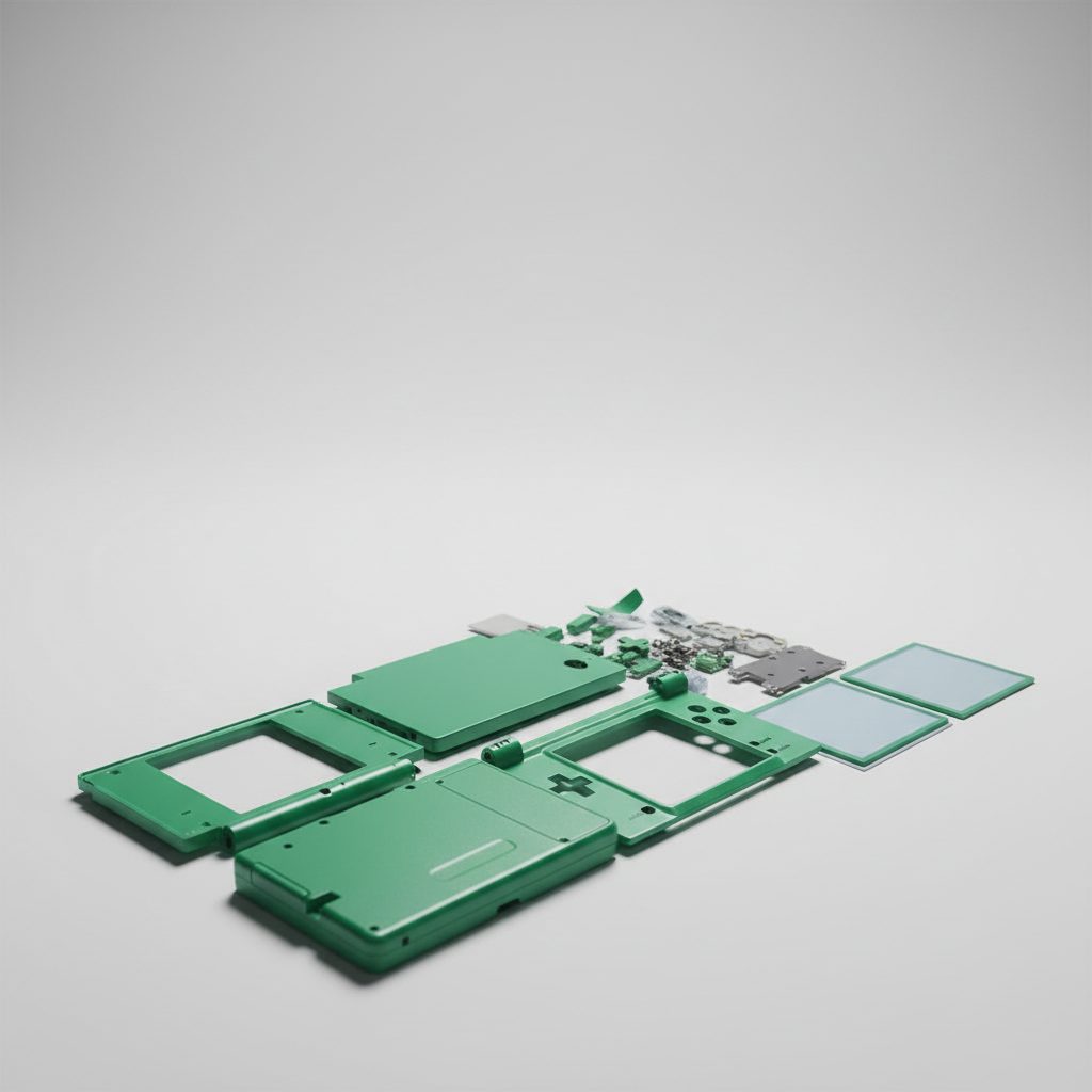 Zero Point DSi replacement shell kit flat-lay in green on a white background, full housing set