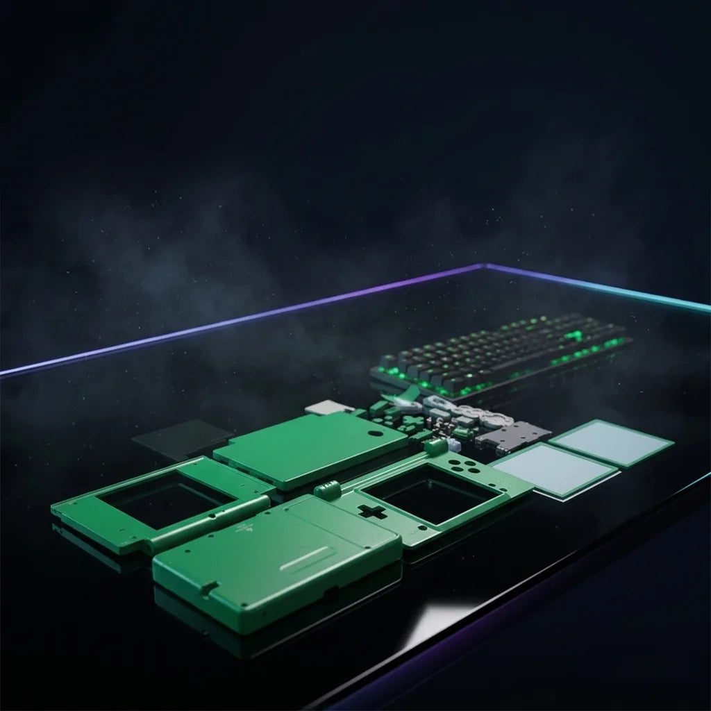 Zero Point green DSi replacement shell parts laid out on a desk with purple edge lighting