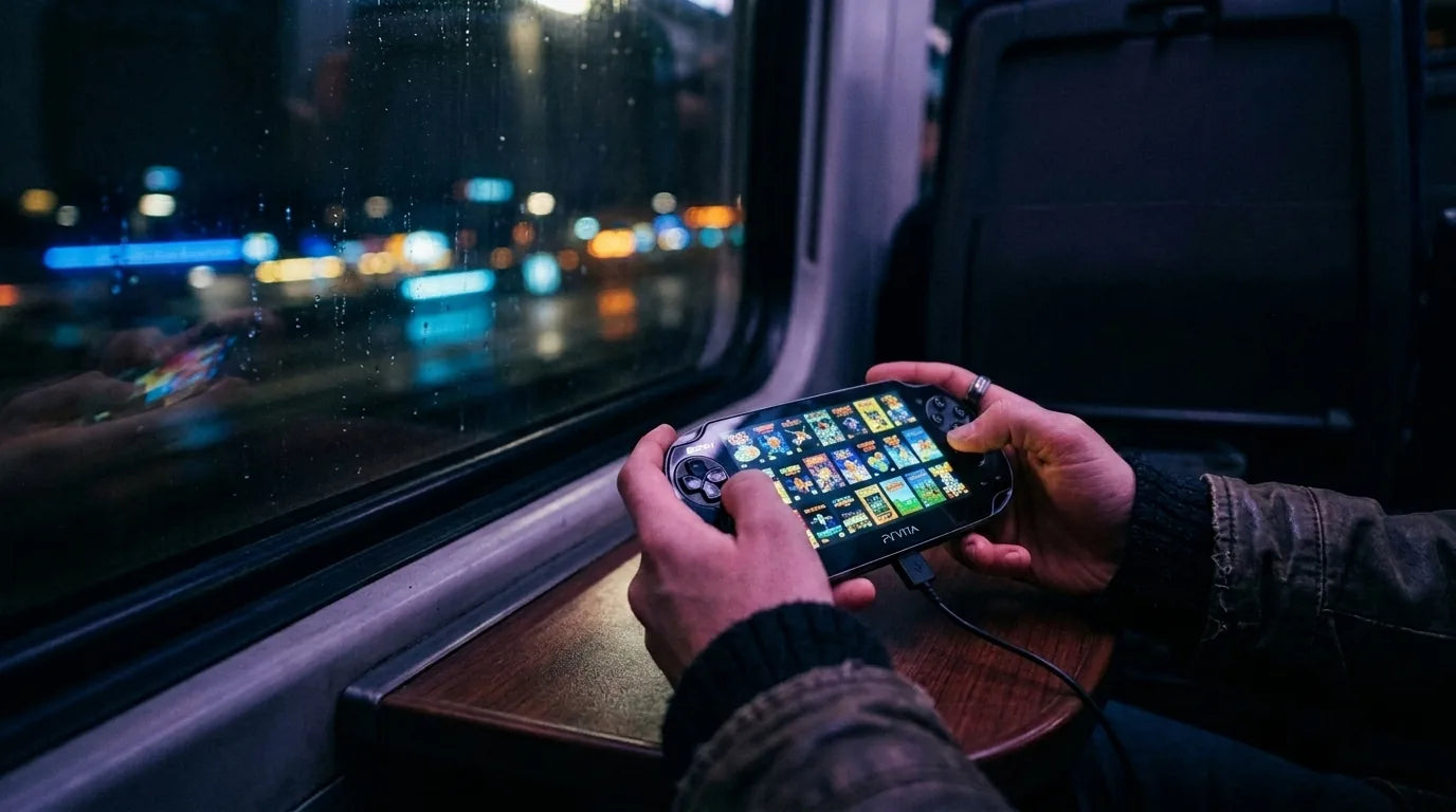 Modded PS Vita with retro game library played on a night train commute