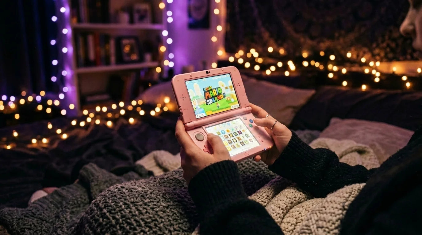 Playing a modded Nintendo 3DS with pre-installed games in a cosy bedroom at night